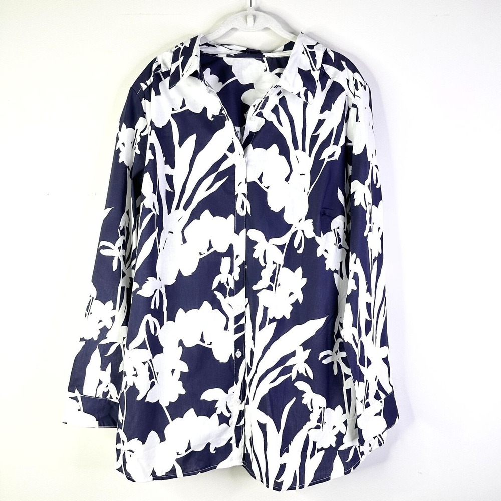 Roaman's Top Women 22W Plus Navy White Floral Orchid Long Slv Button Up NWOT